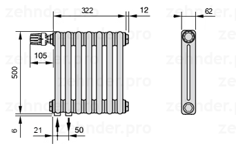 Схема (чертеж) Радиатор Zehnder Charleston 2050/7 №V001 Белый глянцевый RAL 9016